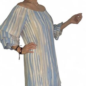 Elegant Off the Shoulder Blue and White Striped Dress with Puffy Tiered Sleeves